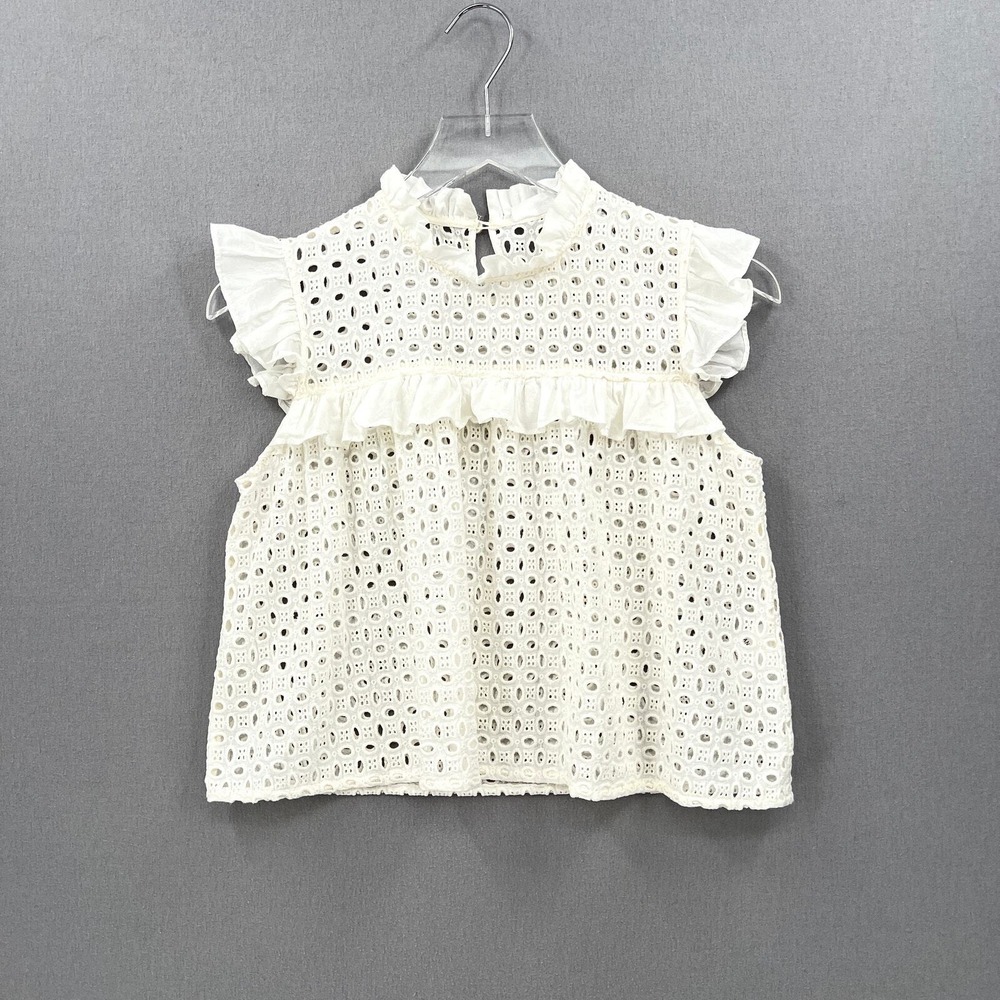 ANINE BING Top Women XS Cream White Eyelet Ruffle Sleeveless Boho Embroidered - Picture 4 of 16